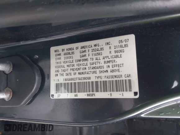 2007 Acura TL with VIN 19UUA66277A039068, listed as a IAAI auction lot 41990963 with 205,277 mi miles. Bid and sale history available at carsss.com. Image 9.