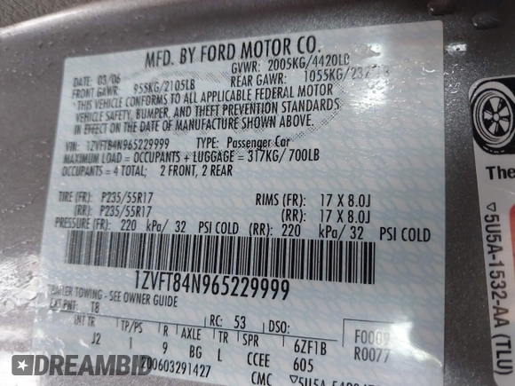 2006 Ford Mustang Standard with VIN 1ZVFT84N965229999, listed as a IAAI auction lot 41596134 with 60,473 mi miles and . Bid and sale history available at carsss.com. Image 9.