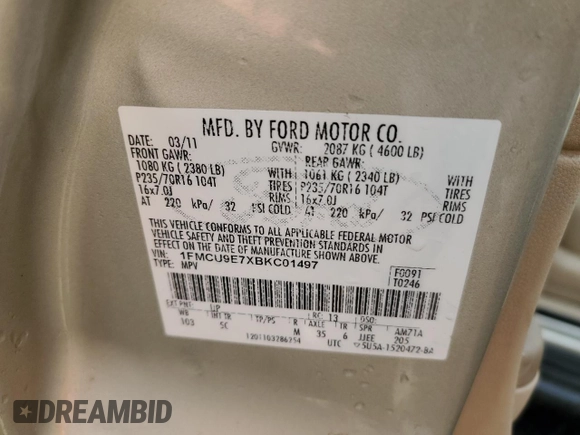 2011 Ford Escape Limited with VIN 1FMCU9E7XBKC01497, listed as a Copart auction lot 47996085 with 127,770 mi miles and Salvage Title. Bid and sale history available at DreamBid. Image 13.