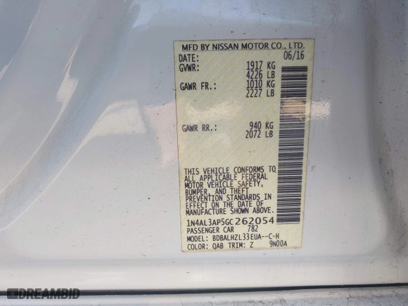 2016 Nissan Altima 2.5 SL with VIN 1N4AL3AP5GC262054, listed as a IAAI auction lot 41626450 with 147,226 mi miles. Bid and sale history available at carsss.com. Image 9.