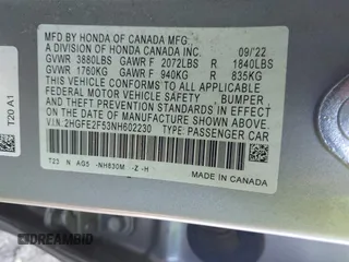 2022 Honda Civic Sedan Sport with VIN 2HGFE2F53NH602230, listed as a IAAI auction lot 40897569 with 25,801 mi miles. Bid and sale history available at carsss.com. Image 9.