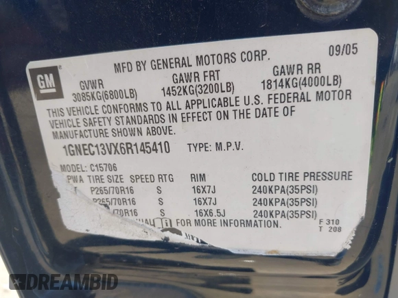 2006 Chevrolet Tahoe LS with VIN 1GNEC13VX6R145410, listed as a IAAI auction lot 42257839 with 178,659 mi miles and . Bid and sale history available at DreamBid. Image 9.