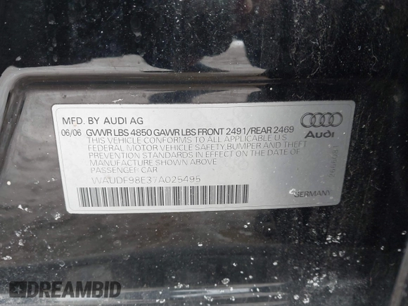 2007 Audi A4 2.0T with VIN WAUDF98E37A025495, listed as a IAAI auction lot 41636086 with 182,248 mi miles. Bid and sale history available at carsss.com. Image 9.