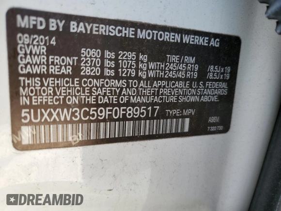 2015 BMW X4 xDrive28i with VIN 5UXXW3C59F0F89517, listed as a Copart auction lot 49989304 with 65,554 mi miles. Bid and sale history available at carsss.com. Image 12.