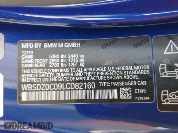2020 BMW M8 Competition z VIN WBSDZ0C09LCD82160, wystawiony jako Copart lot #67402364 z przebiegiem 18 584 mil mil oraz Szkoda całkowita • Salvage title. Historia ofert i sprzedaży dostępna na DreamBid. Obrazek 14.