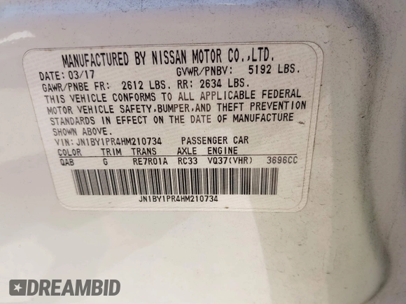 2017 Infiniti Q70 3.7 with VIN JN1BY1PR4HM210734, listed as a IAAI auction lot 41781440 with 146,030 mi miles and . Bid and sale history available at DreamBid. Image 9.