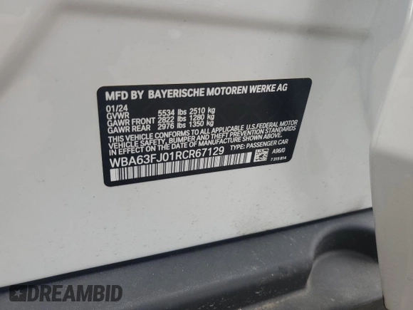 2024 BMW 5 Series 540i xDrive with VIN WBA63FJ01RCR67129, listed as a Copart auction lot 62095995 with 5,075 mi miles and Salvage title. Bid and sale history available at DreamBid. Image 12.