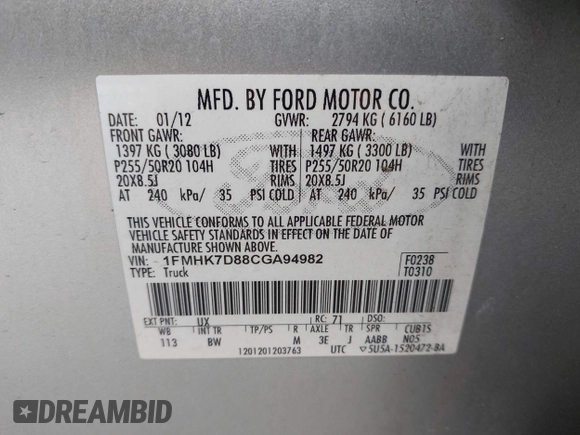 2012 Ford Explorer XLT with VIN 1FMHK7D88CGA94982, listed as a IAAI auction lot 42121534 with 250,897 mi miles and . Bid and sale history available at DreamBid. Image 9.