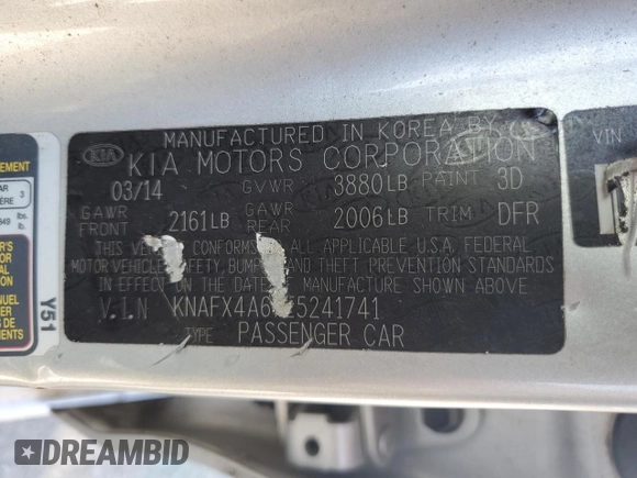 2014 Kia Forte LX with VIN KNAFX4A67E5241741, listed as a Copart auction lot 48578745 with 107,668 mi miles and Clean Title. Bid and sale history available at carsss.com. Image 12.