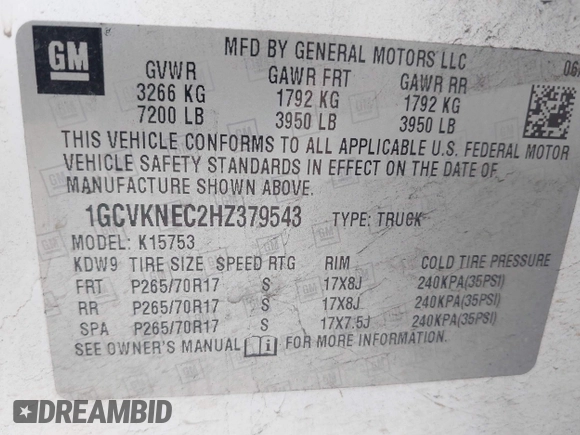 2017 Chevrolet Silverado 1500 Work Truck with VIN 1GCVKNEC2HZ379543, listed as a IAAI auction lot 42043878 with 193,106 mi miles. Bid and sale history available at carsss.com. Image 9.