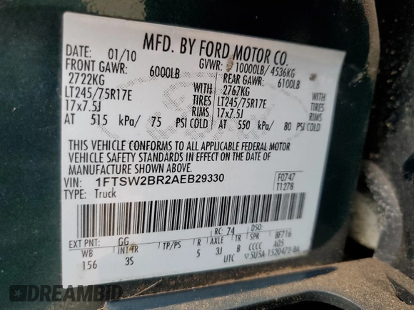 2010 Ford F-250 XL with VIN 1FTSW2BR2AEB29330, listed as a Copart auction lot 57804325 with 177,421 mi miles and Clean title. Bid and sale history available at DreamBid. Image 12.