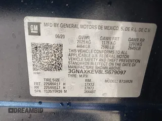 2020 Chevrolet Equinox LT with VIN 3GNAXKEV8LS679097, listed as a IAAI auction lot 41453201 with 59,105 mi miles and . Bid and sale history available at carsss.com. Image 9.