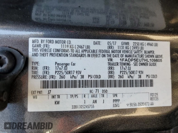 2017 Ford C-Max Energi SE with VIN 1FADP5EU7HL109805, listed as a Copart auction lot 58430734 with 71,497 mi miles and Salvage Title. Bid and sale history available at carsss.com. Image 12.
