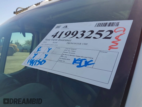 2014 Ram ProMaster Cargo with VIN 3C6TRVAG0EE112315, listed as a IAAI auction lot 41993252 with 144,150 mi miles and . Bid and sale history available at carsss.com. Image 17.