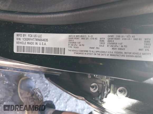 2021 Ram 1500 Limited with VIN 1C6SRFHT7MN664635, listed as a IAAI auction lot 41908646 with 78,013 mi miles and . Bid and sale history available at DreamBid. Image 9.
