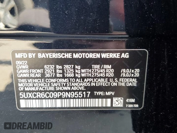 2023 BMW X5 xDrive40i with VIN 5UXCR6C09P9N95517, listed as a Copart auction lot 58315095 with Not provided miles and Salvage title. Bid and sale history available at DreamBid. Image 13.