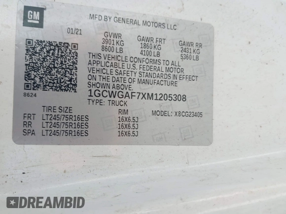 2021 Chevrolet Express Cargo with VIN 1GCWGAF7XM1205308, listed as a IAAI auction lot 41829936 with 64,548 mi miles and . Bid and sale history available at DreamBid. Image 9.