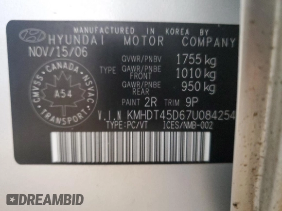 2007 Hyundai Elantra with VIN KMHDT45D67U084254, listed as a Copart auction lot 85807664 with 199,673 mi miles and Clean title. Bid and sale history available at DreamBid. Image 12.