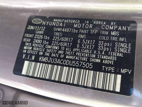 2013 Hyundai Tucson GLS with VIN KM8JU3AC0DU557505, listed as a IAAI auction lot 42017594 with 159,551 mi miles. Bid and sale history available at carsss.com. Image 9.