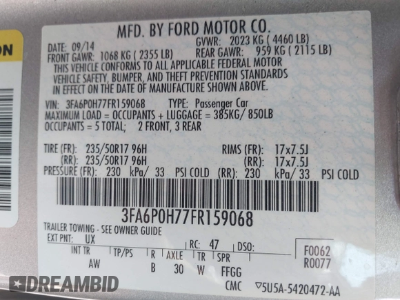 2015 Ford Fusion SE with VIN 3FA6P0H77FR159068, listed as a IAAI auction lot 42620068 with 103,843 mi miles and . Bid and sale history available at DreamBid. Image 9.