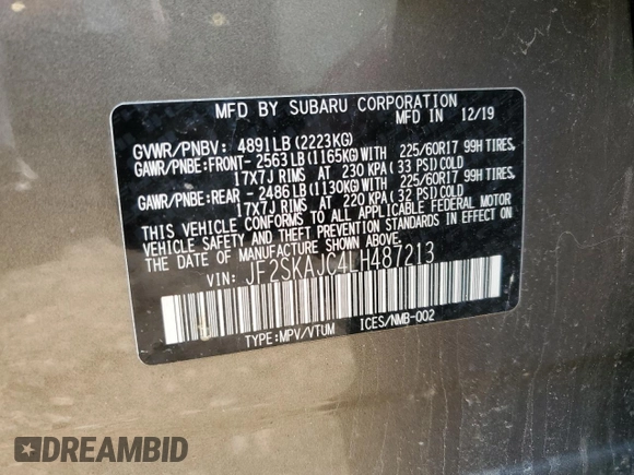 2020 Subaru Forester Premium with VIN JF2SKAJC4LH487213, listed as a Copart auction lot 59174435 with 26,827 mi miles and Salvage title. Bid and sale history available at DreamBid. Image 13.