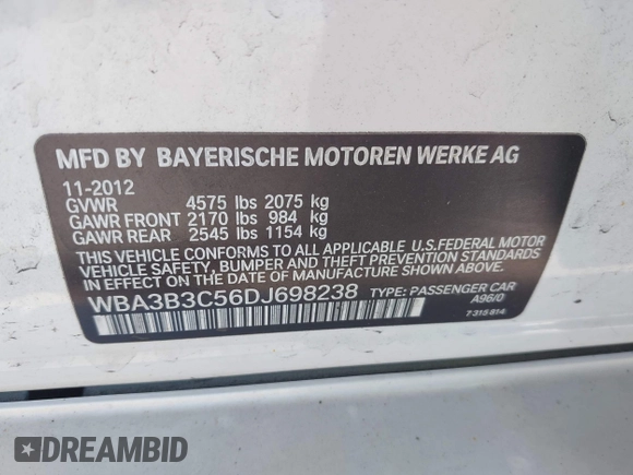 2013 BMW 3 Series 328i xDrive with VIN WBA3B3C56DJ698238, listed as a IAAI auction lot 42333709 with 82,167 mi miles and . Bid and sale history available at DreamBid. Image 9.