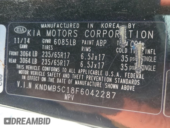 2015 Kia Sedona LX with VIN KNDMB5C18F6042287, listed as a Copart auction lot 51274594 with 112,016 mi miles and Salvage Title. Bid and sale history available at carsss.com. Image 14.