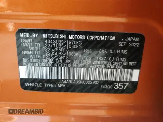 2022 Mitsubishi Outlander ES с VIN JA4ARUAU9NU022902, выставлен на аукционе Copart как лот 60344805 с пробегом 59 602 миль миль и Списание • Salvage title. История ставок и продаж доступна на DreamBid. Изображение 14.