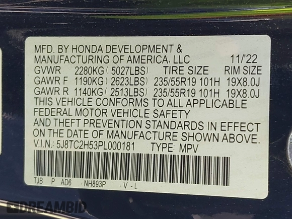 2023 Acura RDX Technology with VIN 5J8TC2H53PL000181, listed as a IAAI auction lot 42308339 with 10,630 mi miles and . Bid and sale history available at DreamBid. Image 9.