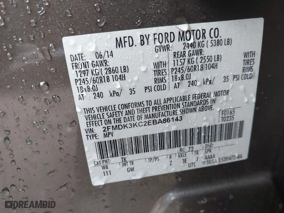 2014 Ford Edge Limited with VIN 2FMDK3KC2EBA86143, listed as a IAAI auction lot 41791764 with 185,653 mi miles. Bid and sale history available at carsss.com. Image 9.
