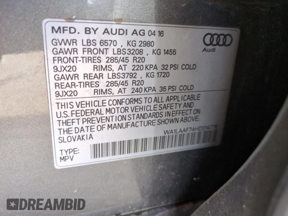 2017 Audi Q7 Premium Plus with VIN WA1LAAF74HD014776, listed as a Copart auction lot 57088365 with 152,853 mi miles and Salvage title. Bid and sale history available at DreamBid. Image 13.