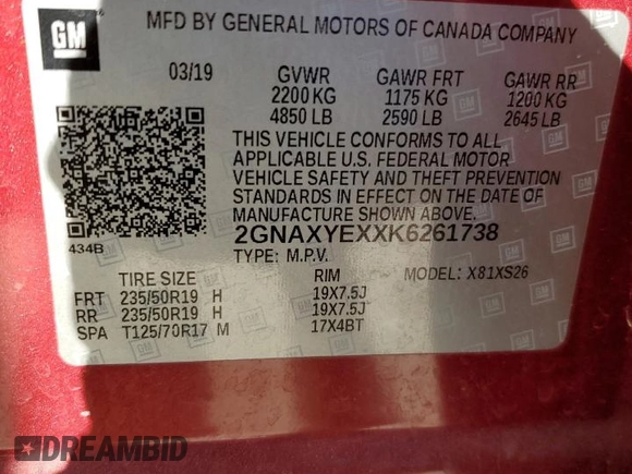 2019 Chevrolet Equinox Premier with VIN 2GNAXYEXXK6261738, listed as a Copart auction lot 48056865 with 69,628 mi miles and Salvage Title. Bid and sale history available at carsss.com. Image 15.