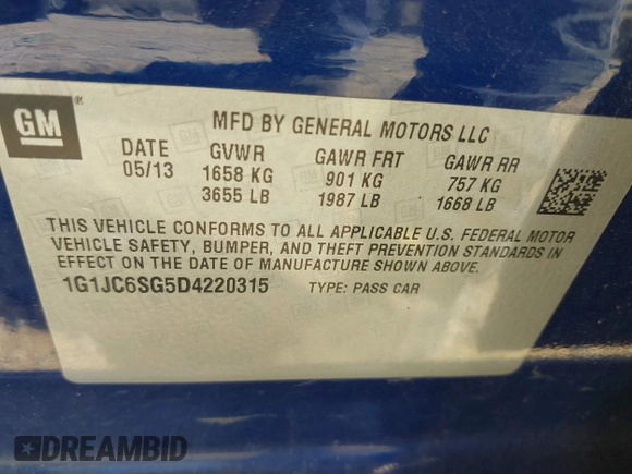 2013 Chevrolet Sonic LT with VIN 1G1JC6SG5D4220315, listed as a IAAI auction lot 41853166 with 69,970 mi miles. Bid and sale history available at carsss.com. Image 9.