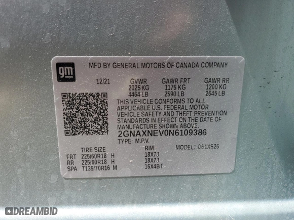 2022 Chevrolet Equinox Premier with VIN 2GNAXNEV0N6109386, listed as a Copart auction lot 52776405 with 0 mi miles and Salvage Title. Bid and sale history available at carsss.com. Image 14.