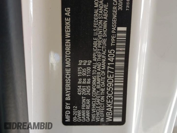2013 BMW 3 Series 328i with VIN WBAKE3C59DE771405, listed as a Copart auction lot 76875194 with 131,639 mi miles and Salvage Title. Bid and sale history available at DreamBid. Image 12.