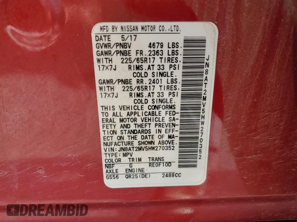 2017 Nissan Rogue S with VIN JN8AT2MV5HW270352, listed as a Copart auction lot 64701325 with 70,293 mi miles and Salvage title. Bid and sale history available at DreamBid. Image 13.