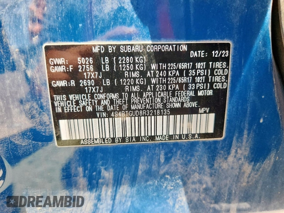 2024 Subaru Outback Wilderness with VIN 4S4BTGUD8R3218135, listed as a Copart auction lot 63490035 with 13,666 mi miles and Salvage title. Bid and sale history available at DreamBid. Image 12.