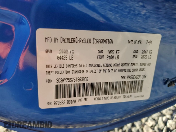2005 Chrysler PT Cruiser GT with VIN 3C3AY75S75T363958, listed as a Copart auction lot 72563194 with 49,918 mi miles and Salvage Title. Bid and sale history available at carsss.com. Image 13.