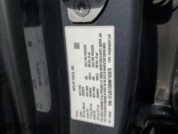 2022 Tesla Model 3 Long Range with VIN 5YJ3E1EB8NF182876, listed as a Copart auction lot 72987614 with Not Provided miles and Salvage Title. Bid and sale history available at DreamBid. Image 12.
