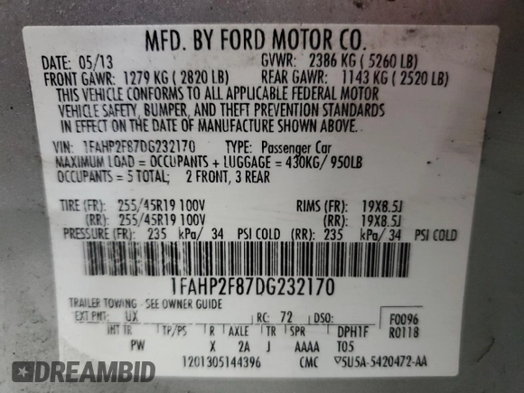 2013 Ford Taurus Limited with VIN 1FAHP2F87DG232170, listed as a Copart auction lot 55385855 with 166,787 mi miles and Salvage Title. Bid and sale history available at DreamBid. Image 13.