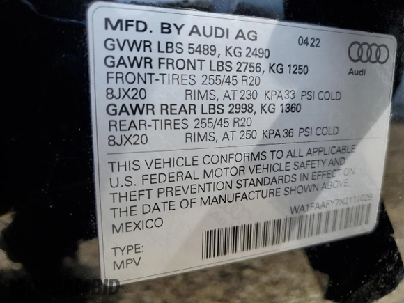2022 Audi Q5 S line Prestige with VIN WA1FAAFY7N2111029, listed as a Copart auction lot 61124405 with 28,442 mi miles and Salvage title. Bid and sale history available at DreamBid. Image 14.