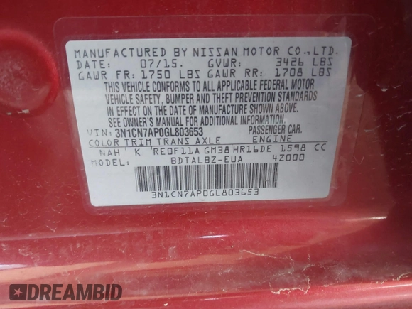 2016 Nissan Versa SV z VIN 3N1CN7AP0GL803653, wystawiony jako IAAI lot #41831764 z przebiegiem 109 149 mil mil oraz . Historia ofert i sprzedaży dostępna na DreamBid. Obrazek 9.