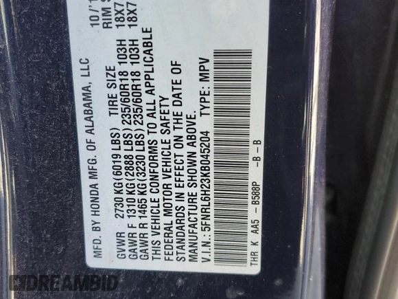 2019 Honda Odyssey LX with VIN 5FNRL6H23KB045204, listed as a Copart auction lot 48678895 with 212,589 mi miles and Clean Title. Bid and sale history available at DreamBid. Image 13.