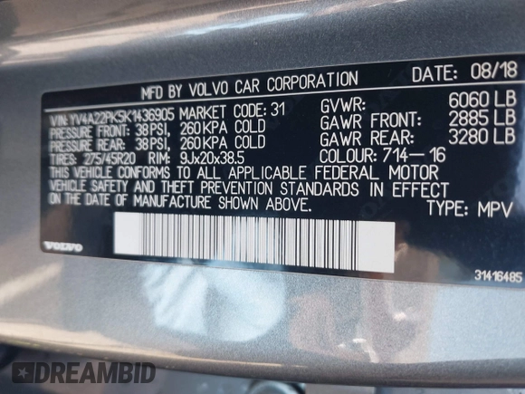 2019 Volvo XC90 Momentum with VIN YV4A22PK5K1436905, listed as a IAAI auction lot 41709594 with 78,424 mi miles. Bid and sale history available at carsss.com. Image 9.