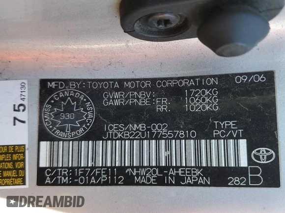 2007 Toyota Prius with VIN JTDKB22U177557810, listed as a Copart auction lot 87507915 with 289,818 mi miles and Salvage Title. Bid and sale history available at carsss.com. Image 13.