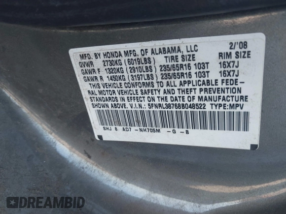 2008 Honda Odyssey EX-L with VIN 5FNRL38768B048522, listed as a IAAI auction lot 40461088 with 280,144 mi miles and . Bid and sale history available at DreamBid. Image 9.