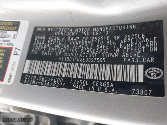 2014 Toyota Camry Hybrid LE with VIN 4T1BD1FK8EU097505, listed as a IAAI auction lot 38159878 with 379,573 mi miles. Bid and sale history available at carsss.com. Image 9.