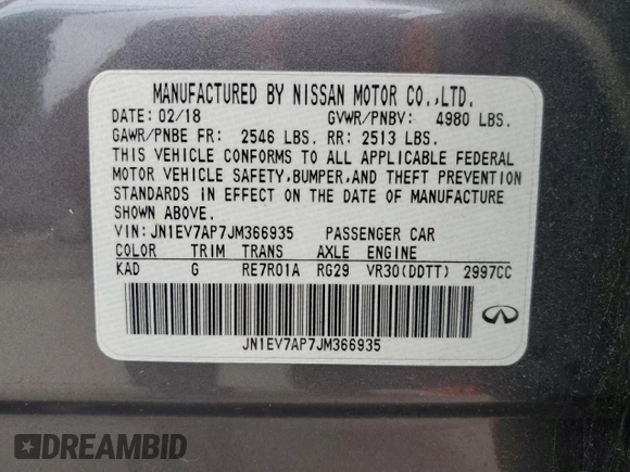 2018 Infiniti Q50 Luxe with VIN JN1EV7AP7JM366935, listed as a Copart auction lot 59781175 with 35,905 mi miles and Salvage title. Bid and sale history available at DreamBid. Image 13.