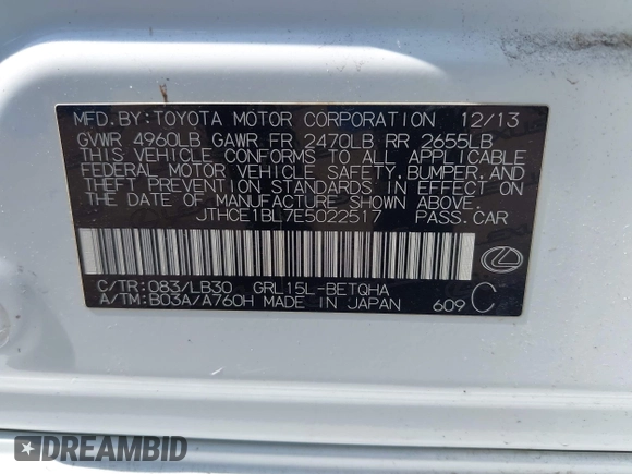 2014 Lexus GS 350 with VIN JTHCE1BL7E5022517, listed as a IAAI auction lot 42168569 with 72,572 mi miles and . Bid and sale history available at DreamBid. Image 9.