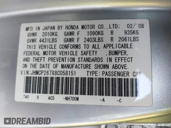2008 Honda Accord EX with VIN JHMCP267X8C058151, listed as a IAAI auction lot 40601443 with 132,609 mi miles and . Bid and sale history available at DreamBid. Image 9.